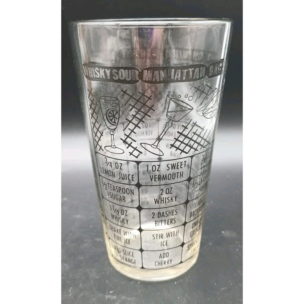 1950s Cocktail Recipe Drink Shaker Mixing Glass VTG MCM Federal Glass Barware